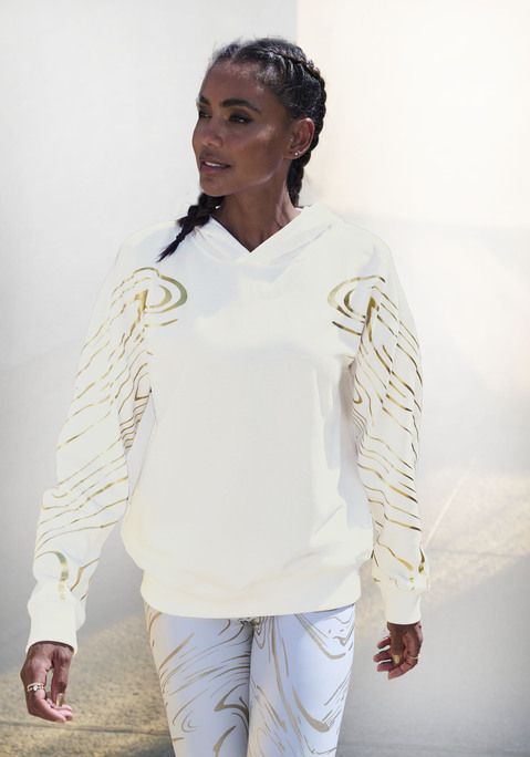 Bild: Hoodie von LASCANA ACTIVE: Kapuzenshirt von Lascana Active mit extravagantem Muster an den Schultern und Armen.  Rippbünchen an Saum und Ärmeln. Weiche Sweatqualität mit Baumwollanteil.