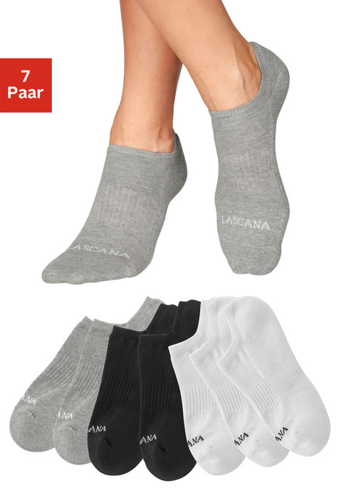 Bild: Sneakersocken von LASCANA ACTIVE: Lascana Aktive Sneaker Socken 7Paar besonders weit ausgeschnitten, Ideal unsichtbar in Sportschuhen. Besonders guter Halt aufgrund des Mittelfußgummis aus 83% Baumwolle, 15% Polyamid, 2% Elasthan