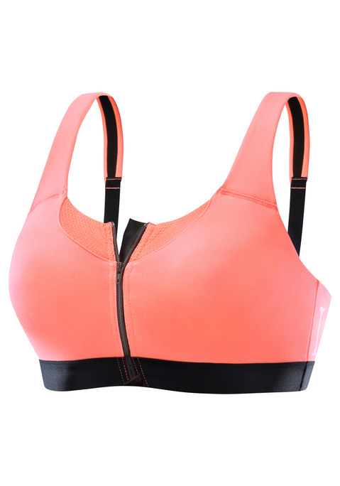 Bild: Sport-BH von LASCANA ACTIVE: Mit Front-Reißverschluss. Nahtlos vorgeformte, doppellagig gearbeitete Cups. Verstürzte Kantenverarbeitung, hinten LA Logo. Träger verstellbar. mittlere Belastbarkeit. Obermaterial: 78% Polyester (COOLMAX®), 12% Baumwolle, 10% Elasthan.