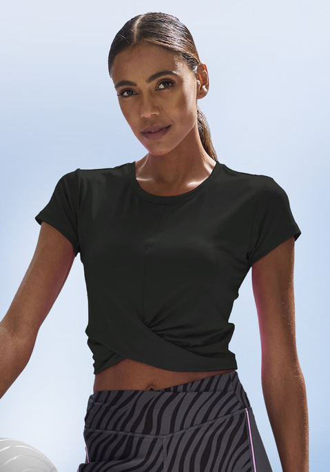 Bild: T-Shirt von LASCANA ACTIVE: T-Shirt von Lascana Active im Performance-Look. Kurze Ärmel. Vorderseitig mit Twist-Knoten. Normale Passform. Atmungsaktives Stretchmaterial.