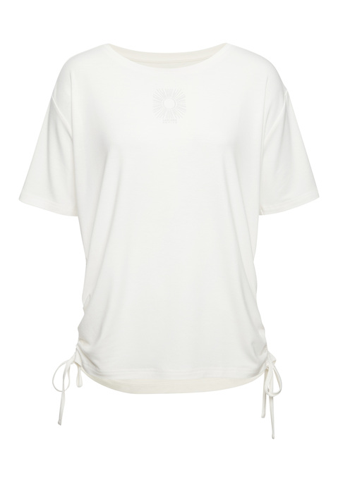 Bild: Yoga & Relax Shirt von LASCANA ACTIVE: Performance T-Shirt von Lascana Active in lockerer Passform. Seitlich verstellbar und zu raffen durch Tunnelzug. Klassischer Rundhalsausschnitt. Foil-Print auf der Vorder- und Rückseite als schönes Detail. Ideal für Gymnastik, Fitness und Laufen. Elastisches, pflegeleichtes Material.