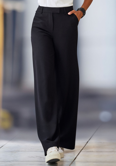 Bild: Anzughose von LASCANA: Lange Anzughose von Lascana mit verstellbarem Bund. Komfortabel: der Schiebeknopf und Reißverschluss. Mit regulierbarem Gummizug, Eingrifftaschen vorn, Zierpattentaschen hinten. Optisch streckende Bügelfalten für eine elegant modische Optik. Weich fließende Webware.