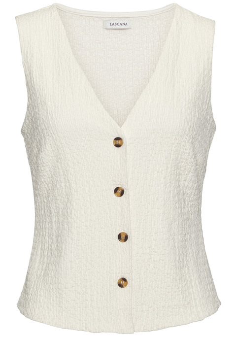 Bild: Tanktop von LASCANA: Coole Top in Westenoptik von Lascana im modischen Strukturmuster. Tiefer V-Ausschnitt und Zierknöpfe in Hornoptik. Brustabnäher für einen guten Sitz und innen liegendes Futter vorn. Figurbetonte Passform. Elastischer Jacquard.