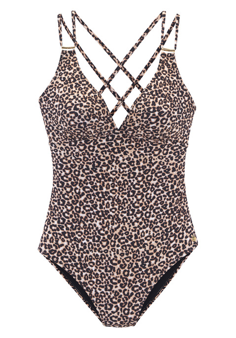 Bild: Badeanzug von LASCANA: Superstylischer Badeanzug von Lascana mit Leoprint. Softcups herausnehmbar. Glänzende Zieraccessoires. Raffiniert im Rücken gekreuzte Träger. Trageangenehmes Material mit recyceltem Polyamid.