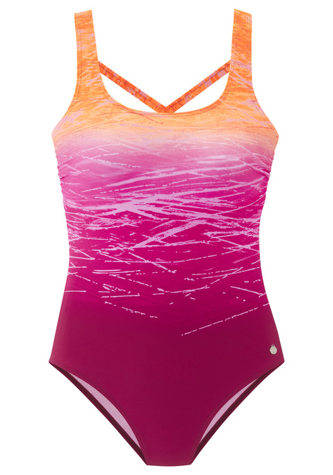 Bild: Badeanzug von LASCANA: Badanzug von Lascana mit modischem Farbverlauf. Stylische Rückenlösung mit im Rücken gekreuzten Bändern. Eingearbeitete Softcups und Unterbrustgummi sorgen für einen guten Halt. Der Shaping-Einsatz vorn zaubert optisch eine schlanke Silhouette. Aus elastischem Polyamid.