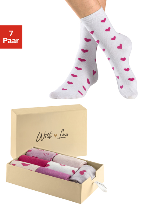 Bild: Basicsocken von LASCANA: Hochwertige, gemusterte Socken von Lascana in der Valentine’s-Day-Geschenkbox mit 7 Paar. Mit unterschiedlichen Herz-Motiven und in uni. Für jeden Tag der Woche eine Socke. Trageangenehm dank hautfreundlicher Baumwollmischung und druckfreien Bündchen.
