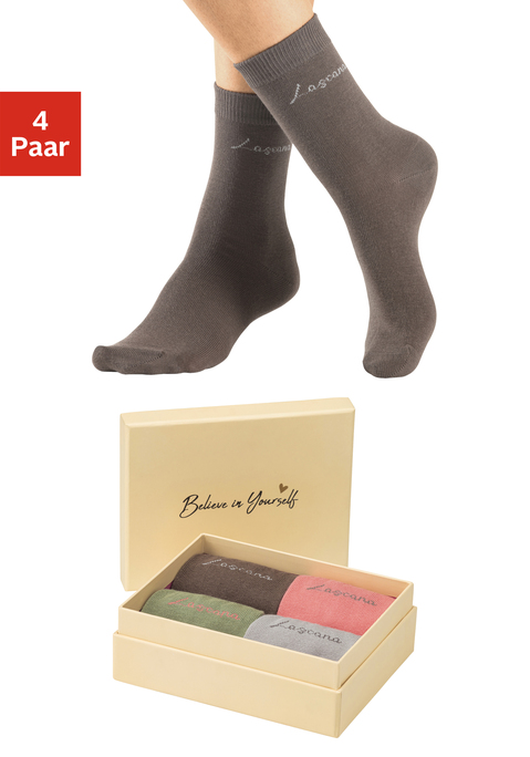 Bild: Basicsocken von LASCANA: Schicke Socken von Lascana – im 4er-Pack in der Geschenkbox. Mit eingestricktem Logoschriftzug unter dem Bündchen. Weiches, druckfreies Rippbündchen mit sportlichem Appeal. Ideal zum Verschenken. Aus hochwertigem Baumwoll-Mix.