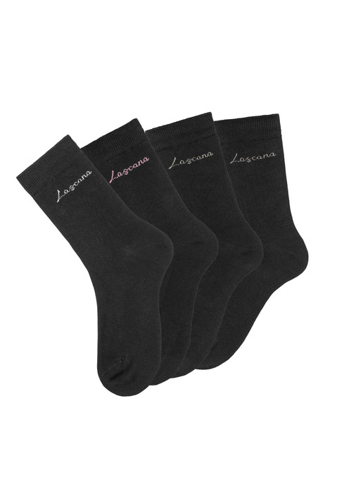 Bild: Basicsocken von LASCANA: Schicke Socken von Lascana – im 4er-Pack in der Geschenkbox. Mit eingestricktem Logoschriftzug unter dem Bündchen. Weiches, druckfreies Rippbündchen mit sportlichem Appeal. Ideal zum Verschenken. Aus hochwertigem Baumwoll-Mix.
