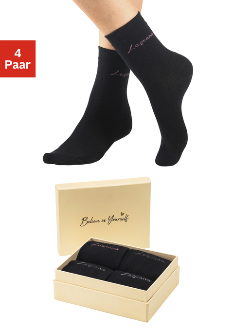Bild: Basicsocken von LASCANA: Schicke Socken von Lascana – im 4er-Pack in der Geschenkbox. Mit eingestricktem Logoschriftzug unter dem Bündchen. Weiches, druckfreies Rippbündchen mit sportlichem Appeal. Ideal zum Verschenken. Aus hochwertigem Baumwoll-Mix.