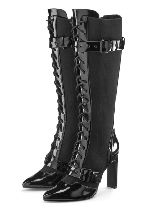 Bild: High-Heel-Stiefel von LASCANA Belle Affaire: Extravagante Schnürstiefel von Lascana Belle Affaire. Mit Zierschnallen und Partien aus Lacklederimitat. Leichter Einstieg dank elastischen Einsätzen. Schmaler Blockabsatz, 10 cm Höhe. Obermaterial aus Lacklederimitat und Textil. Futter aus Lederimitat und geripptem Textil. Innensohle aus Lederimitat. Laufsohle aus Synthetik.