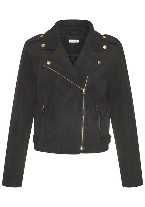 Bild: Bikerjacke von LASCANA: Bikerjacke aus weichem Velourslederimitat von Lascana. Glänzende Druckknöpfe und Reißverschlüsse. Lange Ärmel. Seitliche Eingrifftaschen. Figurbetonter Schnitt. Elastisches Polyester.