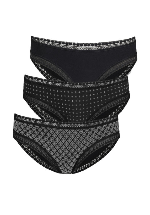 Bild: Bikinislip von LASCANA: Lascana Slips im 3er-Pack: Mit grafischer Spitze an Taillen- und Beinabschlüssen. Allover bedruckt und uni in einer Packung.