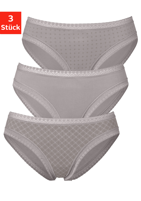 Bild: Bikinislip von LASCANA: Lascana Slips im 3er-Pack: Mit grafischer Spitze an Taillen- und Beinabschlüssen. Allover bedruckt und uni in einer Packung.