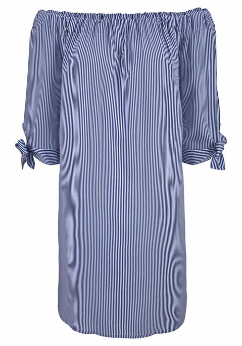Bild: Strandkleid von LASCANA: Im Carmenstil mit breitem elastischem Abschluss am Ausschnitt. 3/4-lange Ärmel mit seitlichem Band zum Knoten. Hinten etwas länger geschnitten als vorn. Leicht abgerundeter Saum mit seitlichen Schlitzen. Rückenlänge ca. 84 cm. Weiche Qualität aus 100% gewebter Viskose.