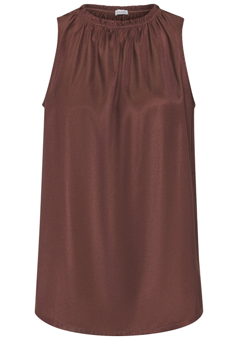 Bild: Blusentop von LASCANA: Modisches Blusentop von Lascana. Hoch geschlossener amerikanischer Ausschnitt mit Rüschenkante. Ärmellose Form. Abgerundeter Saum vorn, gerader Saum hinten. Aus leicht glänzender Satinqualität.