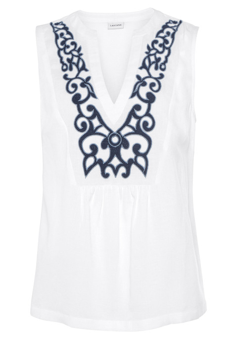 Bild: Blusentop von LASCANA: Ärmellose Bluse mit tiefem V-Ausschnitt und modischer Stickerei. Figurumspielende Passform und weiche, hochwertige Viskosemischung. Gesamtlänge 62cm.