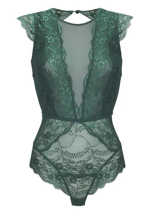 Bild: Body von LASCANA: Body aus Spitze und Mesh mit Knöpfen am Halsausschnitt und in der Taille. Im Schritt per Druckknöpfe zum öffnen, mit Baumwollzwickel. Reizwäsche. Verführerische Dessous. Spitzen-Dessous. Romantische Dessous. Verspielte Dessous. Aus 90% Polyamid, 10% Elasthan.