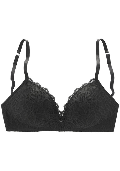 Bild: Bralette-BH von LASCANA: Femininer Bralette-BH ohne Bügel mit leicht wattierten Schalen. Cups mit feiner Spitze mit Blättermotiv überzogen. Mit edlem Ringaccessoire in der vorderen Mitte. Individuell verstellbare Träger sowie Rückenverschluss. Mit Liebe & Leidenschaft in Hamburg kreiert. Aus 50% Polyamid, 44% Polyester, 6% Elasthan.