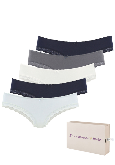 Bild: Brasilslip von LASCANA: Toller Brasilslip von Lascana im 5er-Pack. Bündchen mit Mäusezähnchenkante und kleiner Zierschleife vorn. Zarte Spitze am Beinausschnitt. Mit schöner Aufbewahrungsbox. Weiche Baumwollstretch-Qualität.