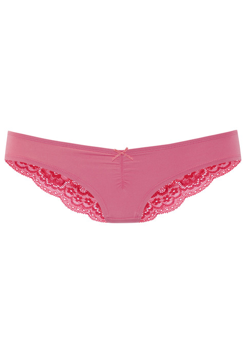 Bild: Brasilslip von LASCANA: Schöner Brasilslip von Lascana mit dezenter Raffung und Zierschleife. Weiche Microfaser vorn, transparente Spitze mit floralem Muster hinten. Passform mit niedriger Leibhöhe. Pflegeleichtes Material.