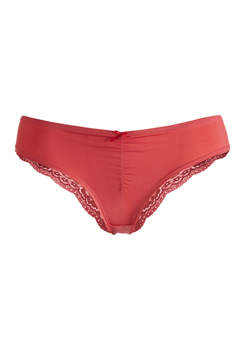 Bild: Brasilslip von LASCANA: Schöner Brasilslip von Lascana mit dezenter Raffung und Zierschleife. Weiche Microfaser vorn, transparente Spitze mit floralem Muster hinten. Passform mit niedriger Leibhöhe. Pflegeleichtes Material.