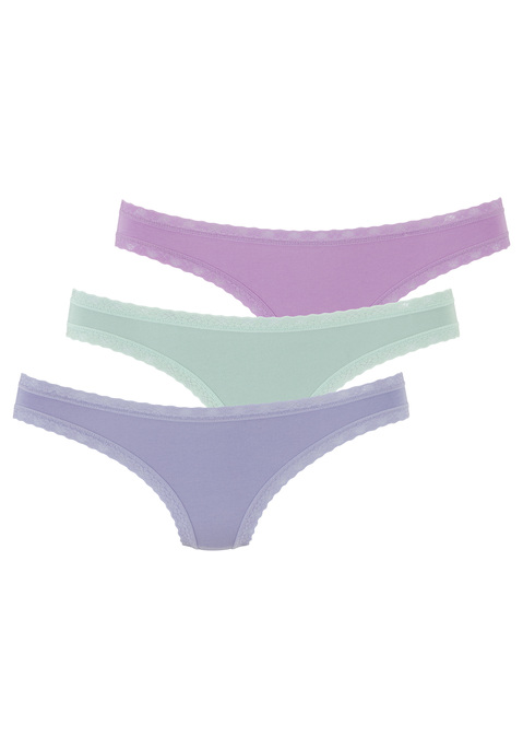 Bild: Brasilslip von LASCANA: Schöner Brasilslip von Lascana im praktischen 3er-Pack im unifarbenen Design. Blümchenspitze am Bund und Beinausschnitt für einen verspielten Akzent. Hoher Beinausschnitt für lang wirkende Beine. Tolle Single-Jersey-Qualität mit Modal für ein glattes und weiches Tragegefühl.