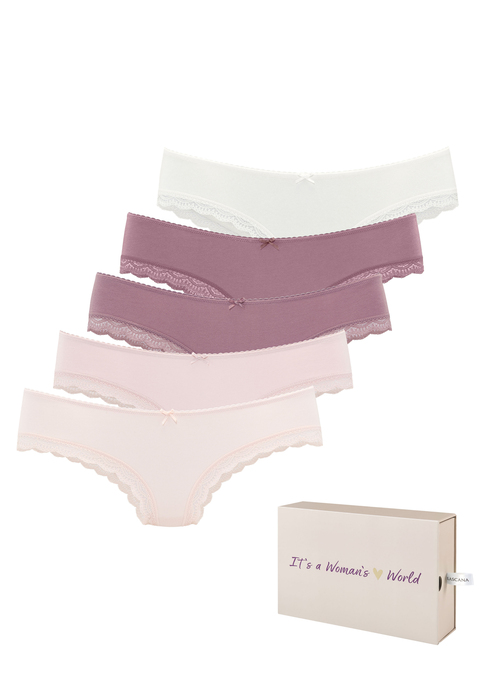 Bild: Brasilslip von LASCANA: Toller Brasilslip von Lascana im 5er-Pack. Bündchen mit Mäusezähnchenkante und kleiner Zierschleife vorn. Zarte Spitze am Beinausschnitt. Mit schöner Aufbewahrungsbox. Weiche Baumwollstretch-Qualität.