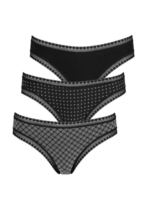 Bild: Brasilslip von LASCANA: Lascana: Slips im 3er-Pack. Mit grafischer Spitze an Taillen- und Beinabschlüssen. Allover bedruckt und uni in einer Packung. Aus weicher Baumwoll-Stretch-Qualität.