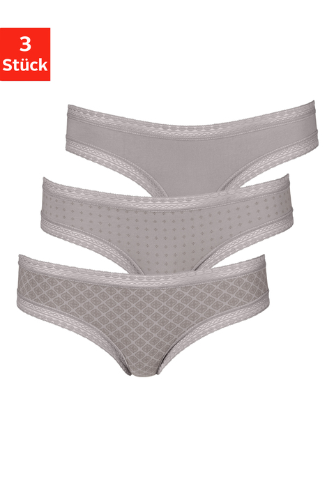 Bild: Brasilslip von LASCANA: Lascana: Slips im 3er-Pack. Mit grafischer Spitze an Taillen- und Beinabschlüssen. Allover bedruckt und uni in einer Packung. Aus weicher Baumwoll-Stretch-Qualität.