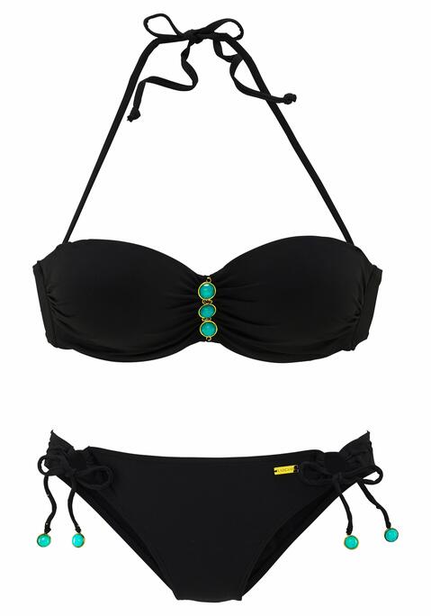 Bild: Bügel-Bandeau-Bikini von LASCANA: Im aktuellen Edel-Look mit Ziersteinen am Top und an den Bindebändern der Hosen. Wattierte Cups und seitliche Stäbchen für ein traumhaftes Dekolleté mit perfektem Halt. Abnehmbare Träger, im Nacken zu binden. Top im Rücken zu schließen. Hose in Bordeaux und Mint gefüttert. Softe Microfaser-Qualität.