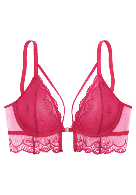 Bild: Bügel-BH von LASCANA: Verspielter Bügel-BH mit praktischem Vorderverschluss. Aus leicht transparenter, feiner Spitze und Soft-Mesh. Mit fancy Bändchen am Dekolleté. Individuell verstellbare Träger sowie Rückenverschluss. Mit Liebe & Leidenschaft in Hamburg kreiert. Aus 90% Polyamid, 10% Elasthan.