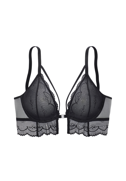 Bild: Bügel-BH von LASCANA: Verspielter Bügel-BH mit praktischem Vorderverschluss. Aus leicht transparenter, feiner Spitze und Soft-Mesh. Mit fancy Bändchen am Dekolleté. Individuell verstellbare Träger sowie Rückenverschluss. Mit Liebe & Leidenschaft in Hamburg kreiert. Aus 90% Polyamid, 10% Elasthan.