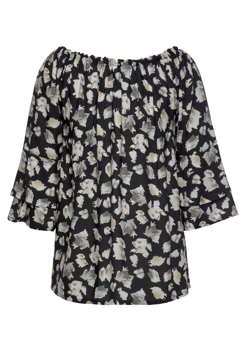 Bild: Carmenbluse von LASCANA: Bedruckte Bluse von Lascana. 3/4-lange Ärmel mit Volants. Elastischer Bund am Ausschnitt für unterschiedliche Trageweisen. Figurumspielender Schnitt. Für viele Anlässe. Aus weicher, gewebter Viskose.