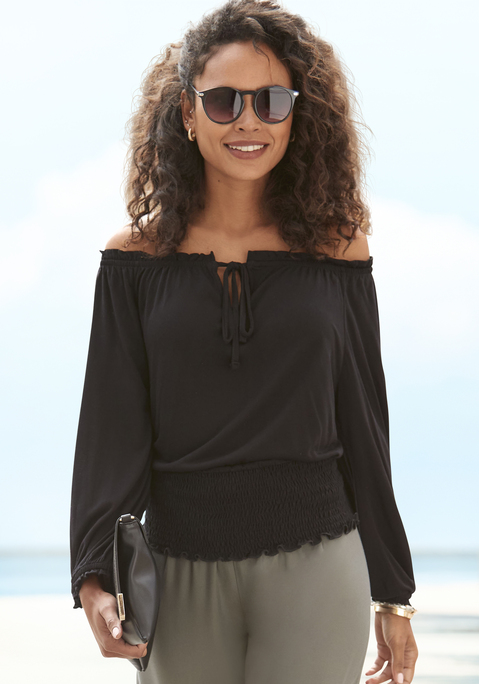 Bild: Carmenshirt von LASCANA: Carmenshirt von Lascana. Elastischer Carmenausschnitt mit Rüschenkante, Tunnelzug und Cut-out vorn. 3/4-Ärmel mit elastischem Rüschensaum. Breiter Smokbund für eine tolle Passform. Locker geschnitten. Weich fließende Viskoseware.