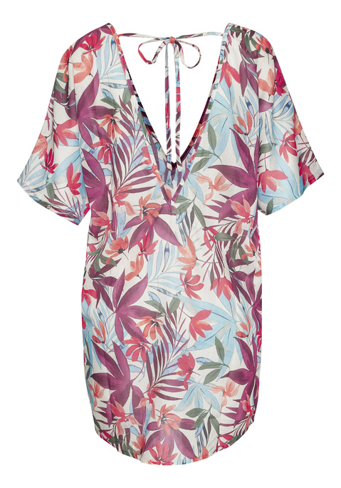 Bild: Chiffontunika von LASCANA: Tunika von Lascana. Alloverprint, jedes Teil ein Unikat. Tiefer V-Ausschnitt vorn und hinten. Mit Bindeband im Nacken und kurzen Ärmeln. Legerer Schnitt. Leicht transparentes Polyester.