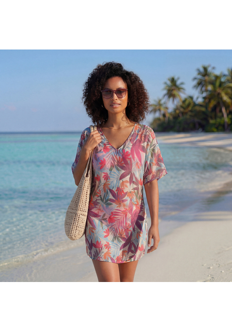 Bild: Chiffontunika von LASCANA: Tunika von Lascana. Alloverprint, jedes Teil ein Unikat. Tiefer V-Ausschnitt vorn und hinten. Mit Bindeband im Nacken und kurzen Ärmeln. Legerer Schnitt. Leicht transparentes Polyester.