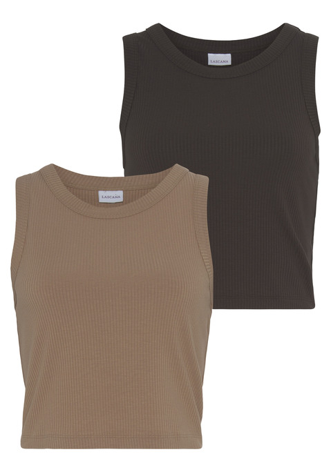Bild: Crop-Top von LASCANA: Geripptes Crop-Top im 2er-Pack von Lascana. Verkürzte Länge für Bauchfreiheit. Ärmellos mit breiten Trägern, Rundhalsausschnitt und geradem Saum. Ideal zum drunter ziehen oder als eigenständiges Sommertop. Aus weicher Rippware.