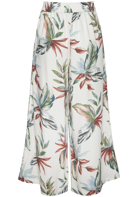 Bild: Culotte von LASCANA: Mit sommerlichem Alloverprint: Culotte von Lascana. Jedes Teil ein Unikat. Flacher Bund vorn, elastischer Gummizug hinten. Seitliche Eingrifftaschen. Leicht drapierte Bundfalte. Weite Beinform in 7/8-Länge. Schön zu sommerlichen Oberteilen. Softe Webware mit Leinen-Anteil.