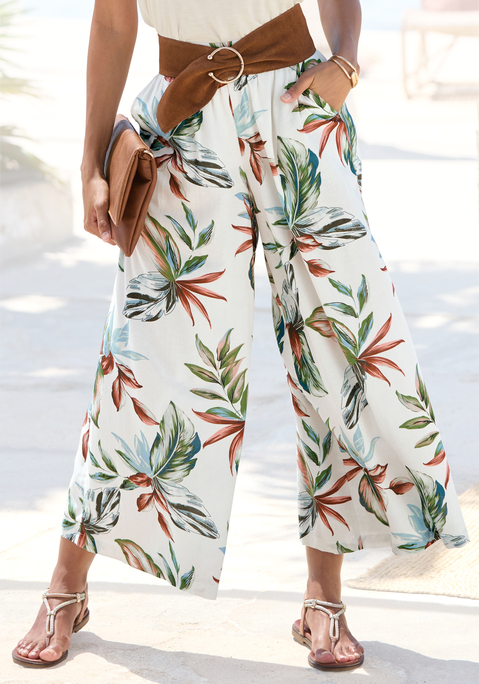 Bild: Culotte von LASCANA: Mit sommerlichem Alloverprint: Culotte von Lascana. Jedes Teil ein Unikat. Flacher Bund vorn, elastischer Gummizug hinten. Seitliche Eingrifftaschen. Leicht drapierte Bundfalte. Weite Beinform in 7/8-Länge. Schön zu sommerlichen Oberteilen. Softe Webware mit Leinen-Anteil.