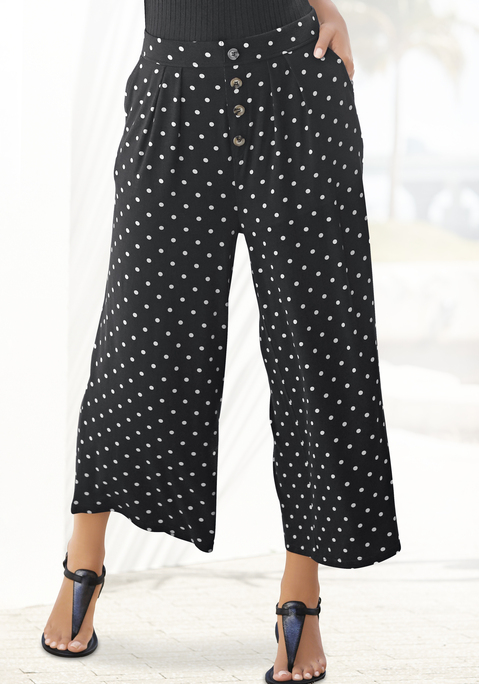 Bild: Culotte von LASCANA: In 7/8-Länge mit weitem Bein. Elastischer Gummibund und 4 Knöpfe vorn. Allover bedruckt, jedes Teil ein Unikat. Innenbeinlänge ca. 56 cm. Aus 95% Viskose, 5% Elasthan.