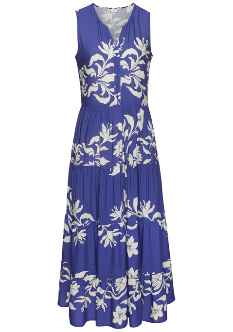Bild: Druckkleid von LASCANA: Floral bedrucktes Maxikleid von Lascana. Volantbesatz am Stufenrock. V-Ausschnitt mit Blende und kurzer Knopfleiste vorn. Fließende, luftige Viskose.