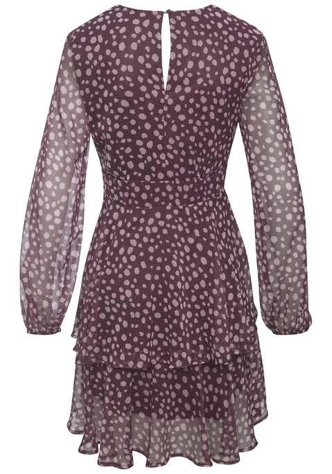Bild: Druckkleid von LASCANA: Druckkleid von Lascana mit fixiertem Bindeband. V-Ausschnitt mit Druckknopf. Lange,transparente Ärmel mit Gummizug. Allover bedruckt. Kniefrei. Seitlicher Nahtreißverschluss. Jedes Teil ein Unikat. Leichte Chiffonware.