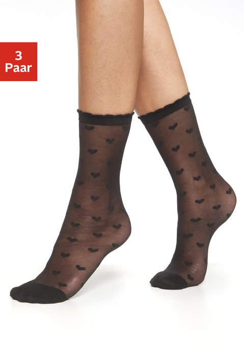 Bild: Feinsöckchen von LASCANA: Transparente Feinsöckchen im 3er-Pack von Lascana mit modischem Herzchenmuster. Weiches, druckfreies Bündchen. Perfekt zu tragen mit eleganten High Heels oder Pumps. Aus weichem Stretchmaterial.
