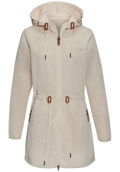 Bild: Fleecejacke von LASCANA: Lange sportliche Fleecejacke mit Kordelzügen an der Teile und an der Kapuze.. Kleiner Markendruck auf der Vorderseite und seitliche Eingriffstaschen. Angenehm weiche Fleecequalität aus 100% Polyester.