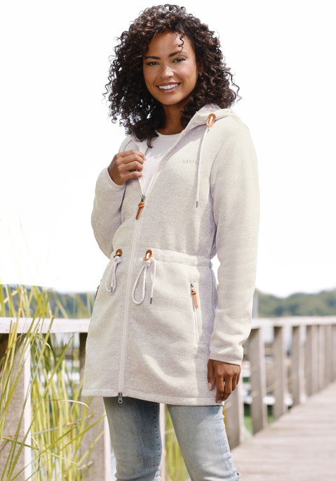 Bild: Fleecejacke von LASCANA: Lange sportliche Fleecejacke mit Kordelzügen an der Teile und an der Kapuze.. Kleiner Markendruck auf der Vorderseite und seitliche Eingriffstaschen. Angenehm weiche Fleecequalität aus 100% Polyester.