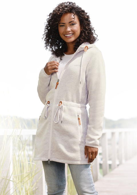 Bild: Fleecejacke von LASCANA: Lange sportliche Fleecejacke mit Kordelzügen an der Teile und an der Kapuze.. Kleiner Markendruck auf der Vorderseite und seitliche Eingriffstaschen. Angenehm weiche Fleecequalität aus 100% Polyester.