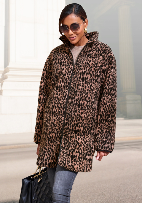 Bild: Fleecejacke von LASCANA: Lange Fleecejacke von Lascana im Leomuster. Mit Stehkragen und durchgehendem Reißverschluss. Eingrifftaschen. Angenehm weiche Fleece-Qualität.