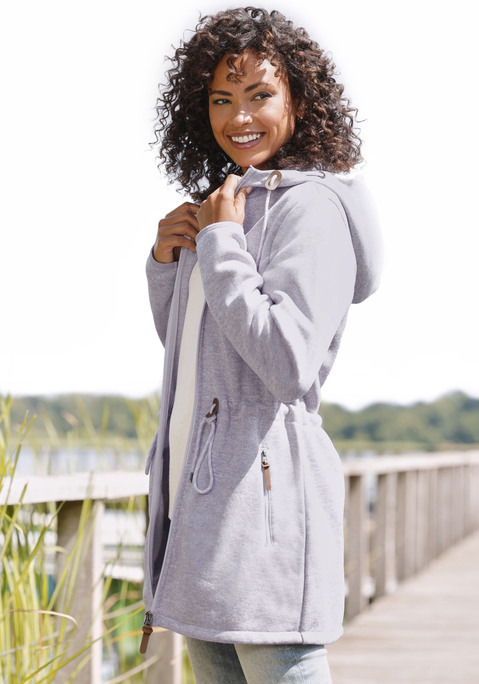 Bild: Fleecejacke von LASCANA: Lange sportliche Fleecejacke mit Kordelzügen an der Teile und an der Kapuze.. Kleiner Markendruck auf der Vorderseite und seitliche Eingriffstaschen. Angenehm weiche Fleecequalität aus 100% Polyester.