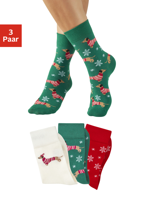 Bild: Freizeitsocken von LASCANA: 3er-Pack Socken von Lascana mit verschiedenen weihnachtlichen Motiven. Breites Bündchen. Trageangenehmes Material mit Elasthananteil für guten Sitz.