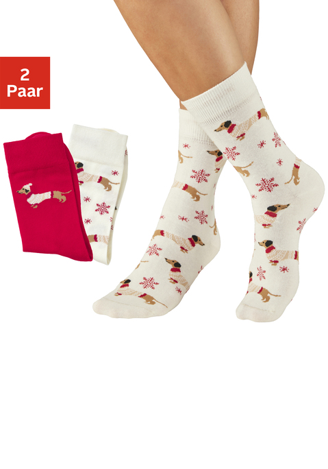 Bild: Freizeitsocken von LASCANA: <h3>Weihnachtssocken im 2er-Set mit Dackelmotiven</h3>
<p>
Die charmanten Weihnachtssocken von <strong>LASCANA</strong>  im 2er-Set sind nicht nur für Dackelfreunde ein absolutes Must-have. Sie verleihen mit ihren lustigen Dackel-Designs jedem Outfit einen festlichen Touch. Der weiche Gummibund sorgt für einen bequemen Sitz, während die verstärkten Fersen und Spitzen für Langlebigkeit stehen. Diese einzigartigen Socken von <strong>Lascana</strong> bringen Freude in die kalte Jahreszeit und sind ein echter Hingucker!
</p>

<h4>Details und Pflegehinweise</h4>
<p>
Die Freizeitsocken bieten eine elastische Passform, die sich angenehm an die Füße anschmiegt. Hergestellt aus einer hochwertigen Baumwollmischung, sind sie besonders weich und angenehm auf der Haut. Die Socken sind maschinenwaschbar, was die Pflege zum Kinderspiel macht. Komfort und Strapazierfähigkeit, die nicht nur für festliche Anlässe geeignet sind.
</p>

<h4>Outfit-Tipps und Trageanlässe</h4>
<p>
Am besten kombiniert man diese lustigen Socken mit den Lieblings-Sneakern für einen lässigen Streetwear-Look oder trägt sie einfach zu Hause für entspannte Stunden. Sie eignen sich perfekt für die Feiertage, gemütliche Abende mit Freunden oder einfach für einen Tag auf der Couch. Dazu ein schicker Oversize-Pullover oder eine bequeme Jogginghose, um den perfekten Casual-Stil zu kreieren.
</p>
<p>
Die festlichen Dackelmotive des 2er-Sets Weihnachtssocken von <strong>Lascana</strong> inspirieren und bereiten bei jedem Schritt Vergnügen! 
</p>
